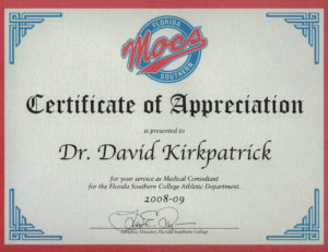 Florida Southern College Certificate of Appreciation